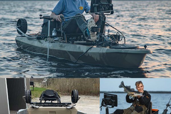 Bootsvermietung Småland – Angler auf dem Angelkajak mit Echolot bei Sonnenuntergang